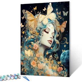 Tucocoo Butterfly Woman Paint by Numbers Kits with Brushes and Acrylic Pigment on Canvas Painting for Adults, Moon Stars Creative Style Arts Crafts Project for Home Decor Gifts 16''x20'' (DIY Framed)