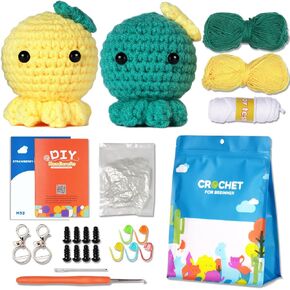 Beginner Crochet Kit, Boys and Girls Animal Woobles Set Art and Craft for Kids Adults Include Videos Tutorials, Yarn, Eyes, Stuffing, Hook 3PCS（Yellow Blue White） Suitable for Age 6 7 8 9 10 11 12 in Kuwait