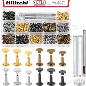 Hilitchi 180 Sets 4 Colors Double Cap Rivets Leather Rivets Metal Studs Leather Studs with 4Pcs Setting Tool for DIY Leather Craft (8x8mm, 10x10mm, 8x12mm)