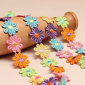 Sawyst 5 Yards 2.5cm Width Daisy Flower Trim Ribbon Embroidery Lace Colorful Daisy Flower Lace Flower Applique Sewing Dressmaking Edging Trimmings Flower Decorating Lace Sewing Craft Lace in Saudi Arabia