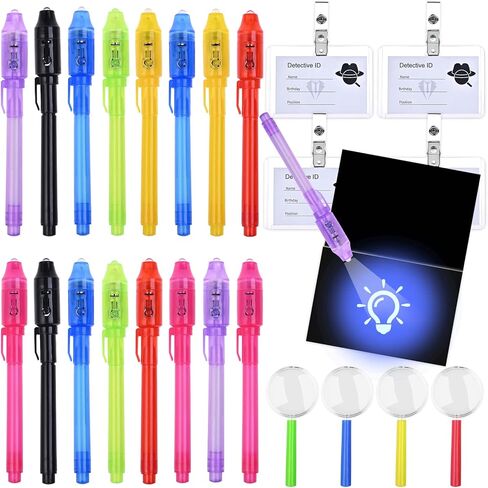 16 قلم حبر غير مرئي من فابورو، عبوة مكونة من 16 قلم حبر غير مرئي مطور مع قلم ضوء الأشعة فوق البنفسجية لأعياد ميلاد الأطفال، نظارات مكبرة، بطاقة هوية المحقق، بطاقة النموذج in Kuwait