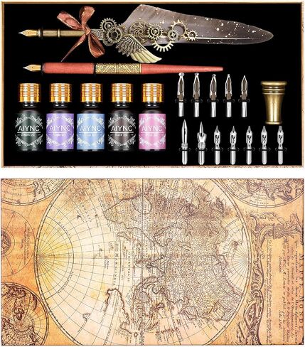 Feather Calligraphy Pen Ink Set, Quill Pen and Ink Set Including Mechanical Feather Pen and Wooden Dip Pen, 5 Colors of Ink, 12 Replacement Nibs, Pen Holder, Envelope and Letter Paper (Green) in Kuwait
