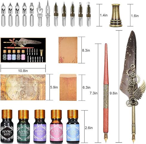 Feather Calligraphy Pen Ink Set, Quill Pen and Ink Set Including Mechanical Feather Pen and Wooden Dip Pen, 5 Colors of Ink, 12 Replacement Nibs, Pen Holder, Envelope and Letter Paper (Green) in Kuwait