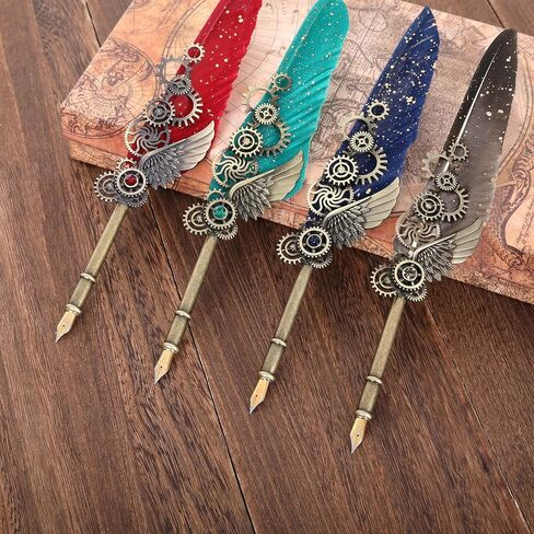 Feather Calligraphy Pen Ink Set, Quill Pen and Ink Set Including Mechanical Feather Pen and Wooden Dip Pen, 5 Colors of Ink, 12 Replacement Nibs, Pen Holder, Envelope and Letter Paper (Green) in Kuwait