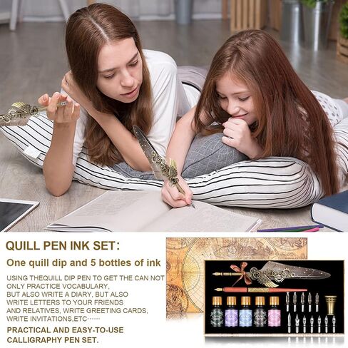 Feather Calligraphy Pen Ink Set, Quill Pen and Ink Set Including Mechanical Feather Pen and Wooden Dip Pen, 5 Colors of Ink, 12 Replacement Nibs, Pen Holder, Envelope and Letter Paper (Green) in Kuwait