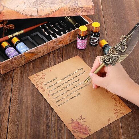 Feather Calligraphy Pen Ink Set, Quill Pen and Ink Set Including Mechanical Feather Pen and Wooden Dip Pen, 5 Colors of Ink, 12 Replacement Nibs, Pen Holder, Envelope and Letter Paper (Green) in Kuwait