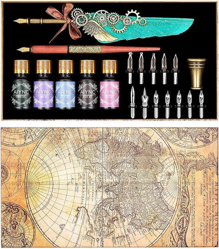 Feather Calligraphy Pen Ink Set, Quill Pen and Ink Set Including Mechanical Feather Pen and Wooden Dip Pen, 5 Colors of Ink, 12 Replacement Nibs, Pen Holder, Envelope and Letter Paper (Green) in Kuwait