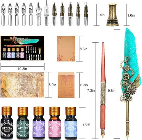Feather Calligraphy Pen Ink Set, Quill Pen and Ink Set Including Mechanical Feather Pen and Wooden Dip Pen, 5 Colors of Ink, 12 Replacement Nibs, Pen Holder, Envelope and Letter Paper (Green) in Kuwait