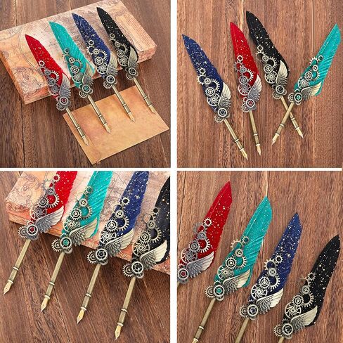 Feather Calligraphy Pen Ink Set, Quill Pen and Ink Set Including Mechanical Feather Pen and Wooden Dip Pen, 5 Colors of Ink, 12 Replacement Nibs, Pen Holder, Envelope and Letter Paper (Green) in Kuwait