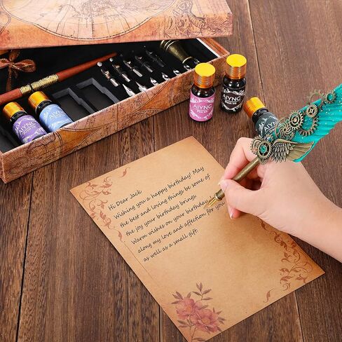 Feather Calligraphy Pen Ink Set, Quill Pen and Ink Set Including Mechanical Feather Pen and Wooden Dip Pen, 5 Colors of Ink, 12 Replacement Nibs, Pen Holder, Envelope and Letter Paper (Green) in Kuwait