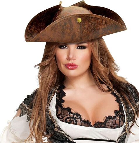 LYXIHAP قبعة قرصان من الجلد الصناعي البني، قبعة تريكورن، جاك الكاريبي، قبعة الكابتن، إكسسوارات القراصنة، رقعة عين الهالوين، قبعة قرصان بنية in Kuwait