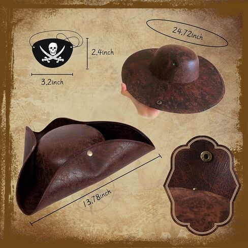 LYXIHAP قبعة قرصان من الجلد الصناعي البني، قبعة تريكورن، جاك الكاريبي، قبعة الكابتن، إكسسوارات القراصنة، رقعة عين الهالوين، قبعة قرصان بنية in Kuwait