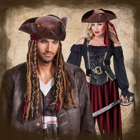 LYXIHAP قبعة قرصان من الجلد الصناعي البني، قبعة تريكورن، جاك الكاريبي، قبعة الكابتن، إكسسوارات القراصنة، رقعة عين الهالوين، قبعة قرصان بنية in Kuwait