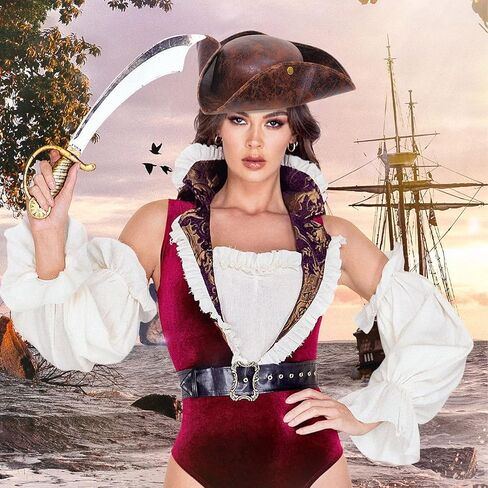 LYXIHAP قبعة قرصان من الجلد الصناعي البني، قبعة تريكورن، جاك الكاريبي، قبعة الكابتن، إكسسوارات القراصنة، رقعة عين الهالوين، قبعة قرصان بنية in Kuwait