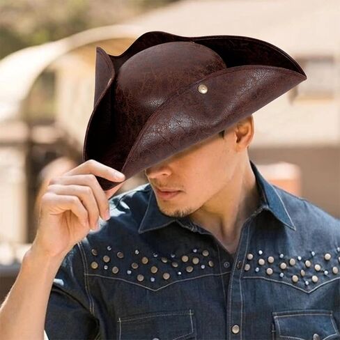 LYXIHAP قبعة قرصان من الجلد الصناعي البني، قبعة تريكورن، جاك الكاريبي، قبعة الكابتن، إكسسوارات القراصنة، رقعة عين الهالوين، قبعة قرصان بنية in Kuwait