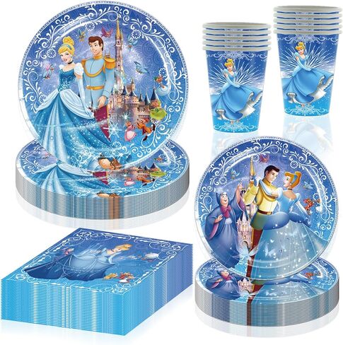 60 قطعة من لوازم حفلات اعياد الميلاد سندريلا 20 طبق + 20 منديل + 20 كوب لتزيين حفلات اعياد الميلاد بطابع الاميرة، ادوات مائدة للاستعمال مرة واحدة للعشاء والحلوى والكيك in Kuwait