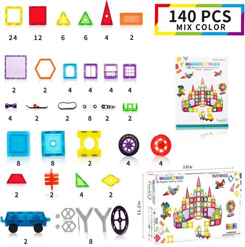 بلاط مغناطيسي من نتس بول 140 قطعة، مكعبات بناء مغناطيسية للأطفال، مجموعة بناء العلوم والتكنولوجيا والهندسة والرياضيات، ألعاب تعليمية تعليمية للأطفال الصغار، هدايا عيد ميلاد للأطفال من سن 3 سنوات فما فوق in Kuwait