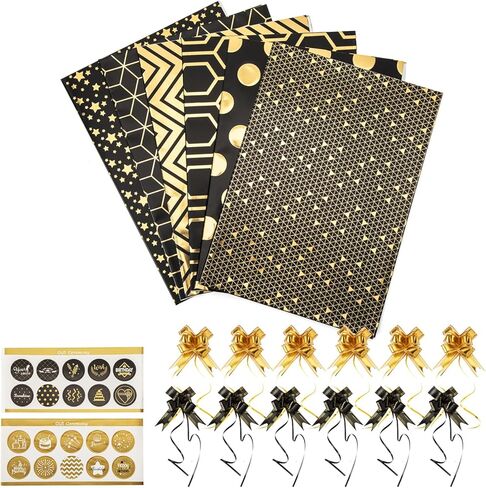 20 قطعة من ورق تغليف عيد الميلاد من Ouksma، أقواس سحب عيد الميلاد مع أشرطة لتغليف الهدايا وعطلة عيد الميلاد وديكور عيد الميلاد باللون الأسود والذهبي in Kuwait