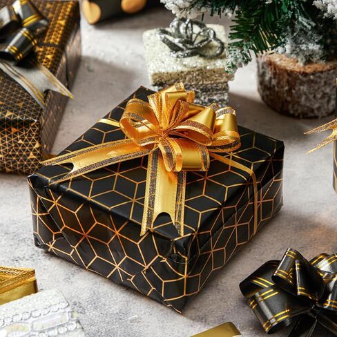 20 قطعة من ورق تغليف عيد الميلاد من Ouksma، أقواس سحب عيد الميلاد مع أشرطة لتغليف الهدايا وعطلة عيد الميلاد وديكور عيد الميلاد باللون الأسود والذهبي in Kuwait