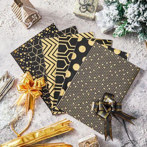 20 قطعة من ورق تغليف عيد الميلاد من Ouksma، أقواس سحب عيد الميلاد مع أشرطة لتغليف الهدايا وعطلة عيد الميلاد وديكور عيد الميلاد باللون الأسود والذهبي in Kuwait