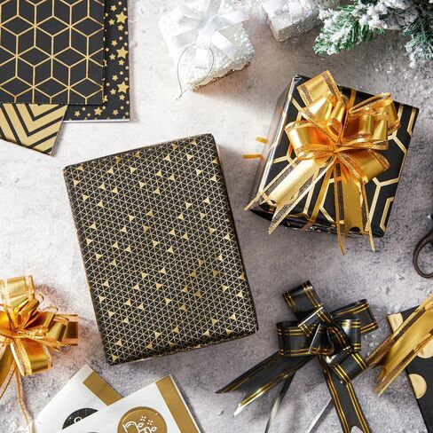 20 قطعة من ورق تغليف عيد الميلاد من Ouksma، أقواس سحب عيد الميلاد مع أشرطة لتغليف الهدايا وعطلة عيد الميلاد وديكور عيد الميلاد باللون الأسود والذهبي in Kuwait