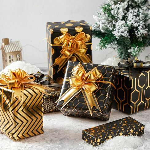 20 قطعة من ورق تغليف عيد الميلاد من Ouksma، أقواس سحب عيد الميلاد مع أشرطة لتغليف الهدايا وعطلة عيد الميلاد وديكور عيد الميلاد باللون الأسود والذهبي in Kuwait