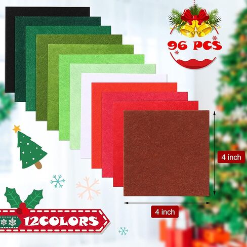 96 Pieces Christmas Felt Fabric Sheets Felt Fabric Squares Soft Felt Fabric Sheets Assorted Colors Felt Craft Sheets for DIY Crafts Sewing Christmas Decoration, 4 x 4 Inch 12 Colors in Saudi Arabia