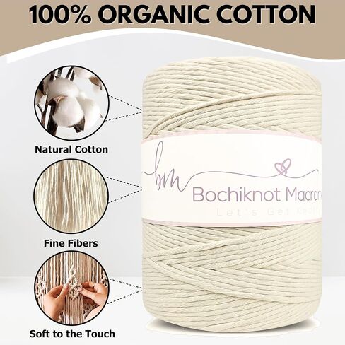 BOCHIKNOT Macrame Cord 3mm x 650yds Bulk Roll - Natural Single Strand Macrame Cotton Cord - Macrame Supply - Large Roll of Macrame Cotton Rope for Knotting, Wall Hangings, Plant Hangers (Natural) in Saudi Arabia