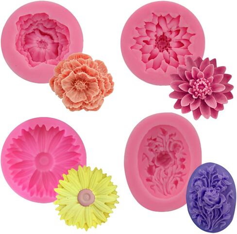 Heogasinlia 4 حزمة 3D زهرة بلوم روز سيليكون قوالب الراتنج روز قالب شمعة لتزيين الكعكة الشوكولاته الصابون المصنوع يدويا صناعة الحلوى الفن الحرفي in Kuwait