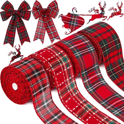 4 Rolls Christmas Red Plaid Ribbons Checkered Wired Edge Wrapping Ribbons Thin Plaid Burlap Ribbon Tartan Plaid Ribbon for Christmas Tree Decor DIY Craft, 26 Yard x 2.52 Inch in Total, 4 Colors in Saudi Arabia