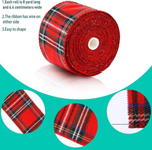 4 Rolls Christmas Red Plaid Ribbons Checkered Wired Edge Wrapping Ribbons Thin Plaid Burlap Ribbon Tartan Plaid Ribbon for Christmas Tree Decor DIY Craft, 26 Yard x 2.52 Inch in Total, 4 Colors in Saudi Arabia