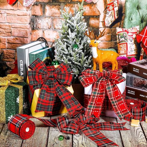 4 Rolls Christmas Red Plaid Ribbons Checkered Wired Edge Wrapping Ribbons Thin Plaid Burlap Ribbon Tartan Plaid Ribbon for Christmas Tree Decor DIY Craft, 26 Yard x 2.52 Inch in Total, 4 Colors in Saudi Arabia