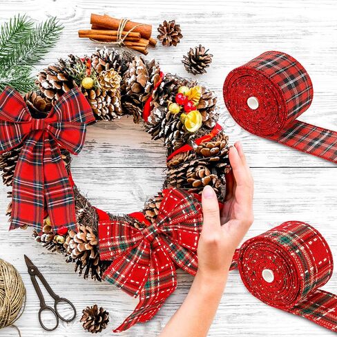 4 Rolls Christmas Red Plaid Ribbons Checkered Wired Edge Wrapping Ribbons Thin Plaid Burlap Ribbon Tartan Plaid Ribbon for Christmas Tree Decor DIY Craft, 26 Yard x 2.52 Inch in Total, 4 Colors in Saudi Arabia
