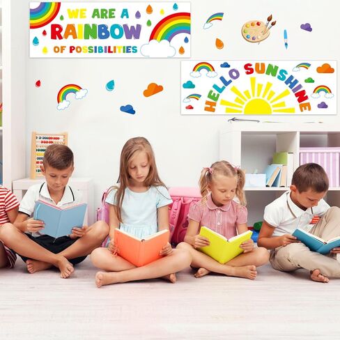 jetec 2 قطعة مرحبا الشمس المشرقة ما قبل المدرسة الفصول الدراسية الزينة الشمس قوس قزح راية الملصقات للمعلمين ملصقات تحفيزية لوحة الإعلانات الملونة وديكور الحائط لرياض الأطفال المدرسة المتوسطة الابتدائية in Kuwait