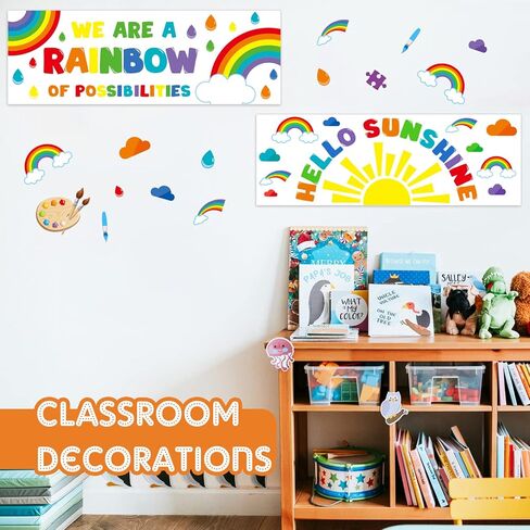 jetec 2 قطعة مرحبا الشمس المشرقة ما قبل المدرسة الفصول الدراسية الزينة الشمس قوس قزح راية الملصقات للمعلمين ملصقات تحفيزية لوحة الإعلانات الملونة وديكور الحائط لرياض الأطفال المدرسة المتوسطة الابتدائية in Kuwait