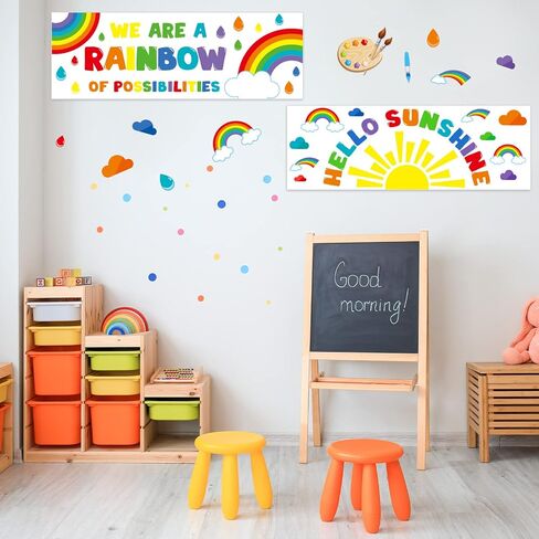 jetec 2 قطعة مرحبا الشمس المشرقة ما قبل المدرسة الفصول الدراسية الزينة الشمس قوس قزح راية الملصقات للمعلمين ملصقات تحفيزية لوحة الإعلانات الملونة وديكور الحائط لرياض الأطفال المدرسة المتوسطة الابتدائية in Kuwait