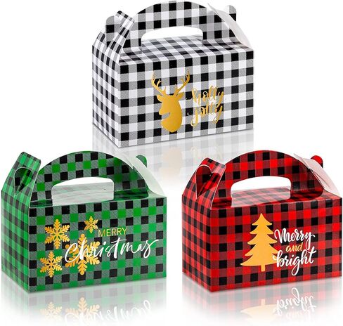 AnyDesign 24 Pack Christmas Plaid Treat Boxes Buffalo Plaid Gift Box Red Green White Black Plaid Candy Cookie Goodie Holder Gold Snowflake Xmas Tree Reindeer Pattern Party Favor Box, 3 Design in Saudi Arabia