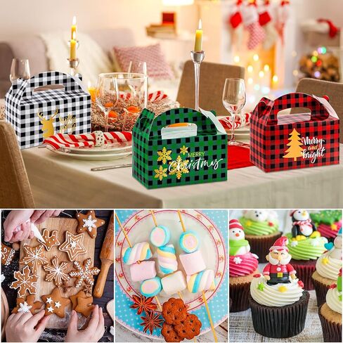 AnyDesign 24 Pack Christmas Plaid Treat Boxes Buffalo Plaid Gift Box Red Green White Black Plaid Candy Cookie Goodie Holder Gold Snowflake Xmas Tree Reindeer Pattern Party Favor Box, 3 Design in Saudi Arabia