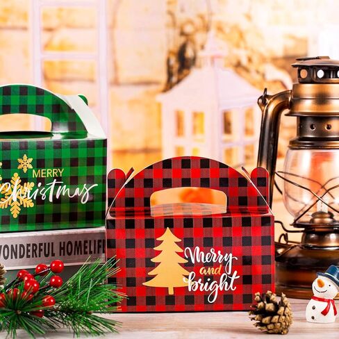 AnyDesign 24 Pack Christmas Plaid Treat Boxes Buffalo Plaid Gift Box Red Green White Black Plaid Candy Cookie Goodie Holder Gold Snowflake Xmas Tree Reindeer Pattern Party Favor Box, 3 Design in Saudi Arabia