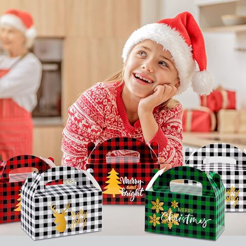 AnyDesign 24 Pack Christmas Plaid Treat Boxes Buffalo Plaid Gift Box Red Green White Black Plaid Candy Cookie Goodie Holder Gold Snowflake Xmas Tree Reindeer Pattern Party Favor Box, 3 Design in Saudi Arabia