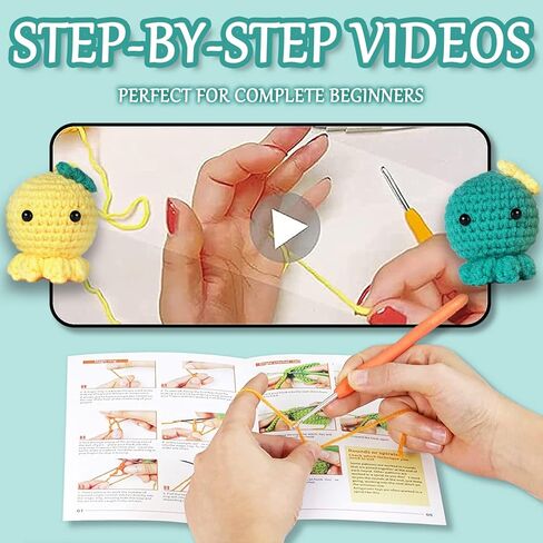 Beginner Crochet Kit, Boys and Girls Animal Woobles Set Art and Craft for Kids Adults Include Videos Tutorials, Yarn, Eyes, Stuffing, Hook 3PCS（Yellow Blue White） Suitable for Age 6 7 8 9 10 11 12 in Kuwait