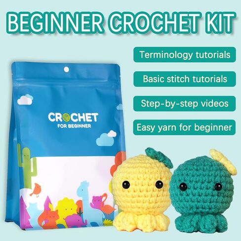 Beginner Crochet Kit, Boys and Girls Animal Woobles Set Art and Craft for Kids Adults Include Videos Tutorials, Yarn, Eyes, Stuffing, Hook 3PCS（Yellow Blue White） Suitable for Age 6 7 8 9 10 11 12 in Kuwait