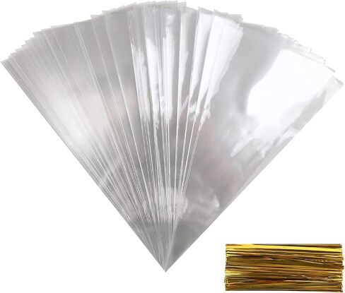 DIYASY Clear Cone Bags,100 Pcs Cellophane Bags Goody Treat Bag with Gold Twist Ties for Party Supplies(6.3’’ x 11.8’’) in Saudi Arabia