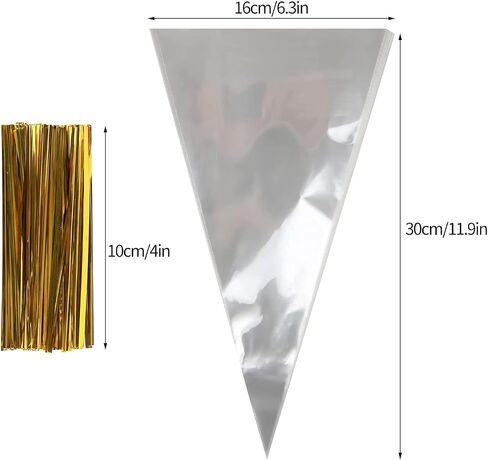 DIYASY Clear Cone Bags,100 Pcs Cellophane Bags Goody Treat Bag with Gold Twist Ties for Party Supplies(6.3’’ x 11.8’’) in Saudi Arabia