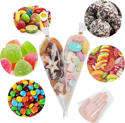 DIYASY Clear Cone Bags,100 Pcs Cellophane Bags Goody Treat Bag with Gold Twist Ties for Party Supplies(6.3’’ x 11.8’’) in Saudi Arabia