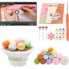 VETAC Crochet Kits for Beginners, Crochet Starter Kit, All-in-one Crochet Kits with Step-by-Step Video Tutorials and Handbooks, Easy Crochet Kit for Beginners-Colorful Flower Pot