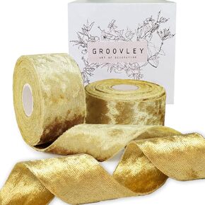 Velvet Ribbon Set 1 inch x 10Yd Luxury Velvet Ribbon for Christmas Tree Ribbon for Gift Wrapping, Halloween Ribbon, Easter Ribbon, Christmas Tree Wreath 2 Rolls x 5 Yd (Gold)