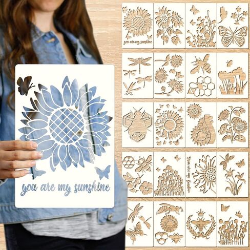 20 Pcs Large Sunflower Stencils for Painting Reusable A4 Size Flower Butterfly Spring Summer Stencils for Painting on Wood Wall Stencils for Crafts Plastic Template for Art Decoration, 11.7 x 8.3 Inch in Saudi Arabia