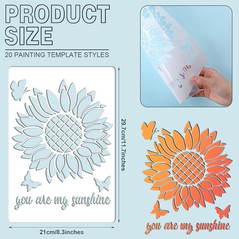 20 Pcs Large Sunflower Stencils for Painting Reusable A4 Size Flower Butterfly Spring Summer Stencils for Painting on Wood Wall Stencils for Crafts Plastic Template for Art Decoration, 11.7 x 8.3 Inch in Saudi Arabia