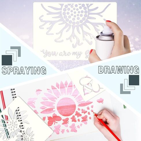20 Pcs Large Sunflower Stencils for Painting Reusable A4 Size Flower Butterfly Spring Summer Stencils for Painting on Wood Wall Stencils for Crafts Plastic Template for Art Decoration, 11.7 x 8.3 Inch in Saudi Arabia